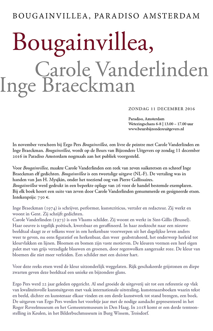 Uitnodiging voor de boekvoorstelling van Bougainvillea, van Inge Braeckman en Carole Vanderlinden, in Paradiso Amsterdam, 11 december 2016